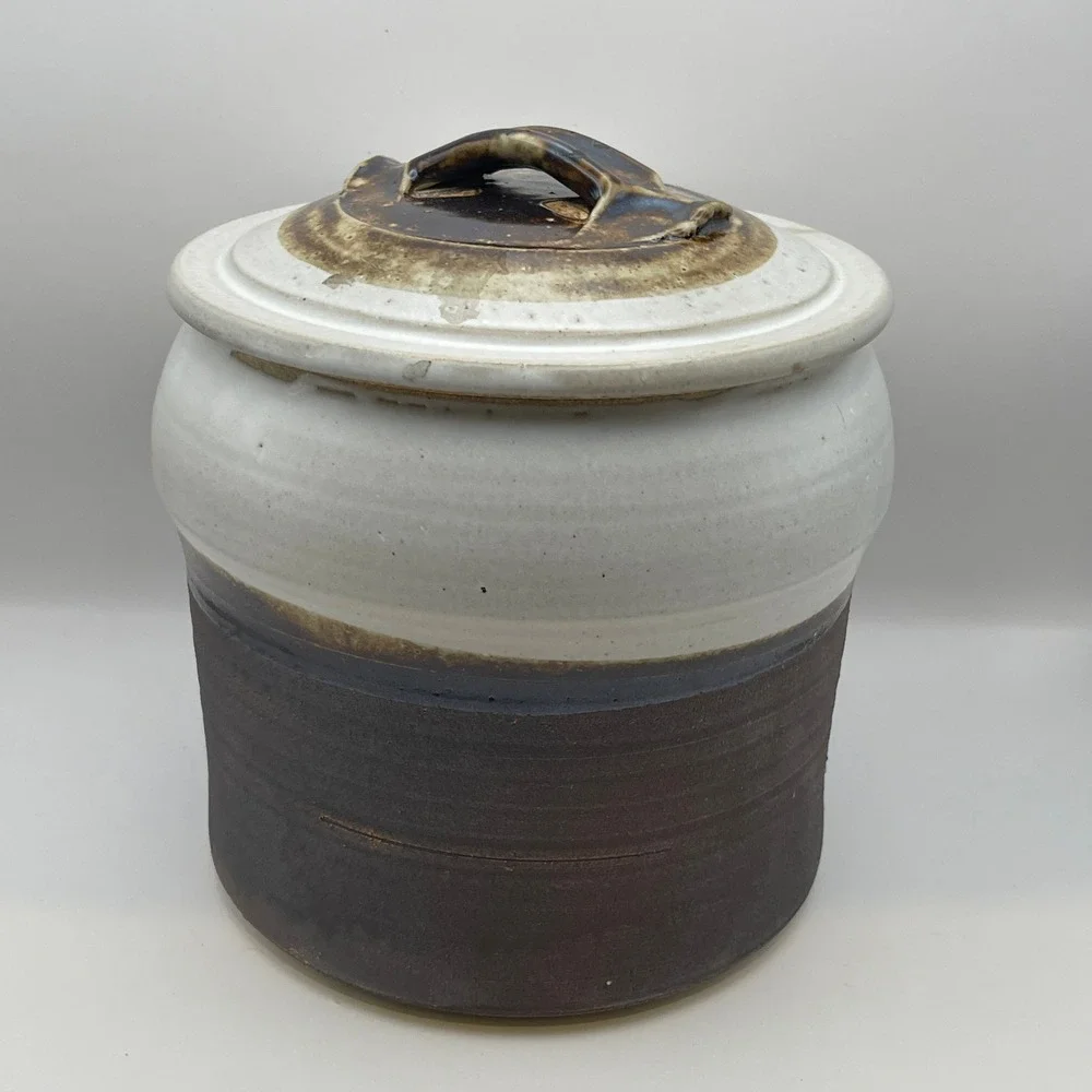Vintage Signed Studio Pottery Lidded Jar Two Tone White Brown Stoneware Canister
